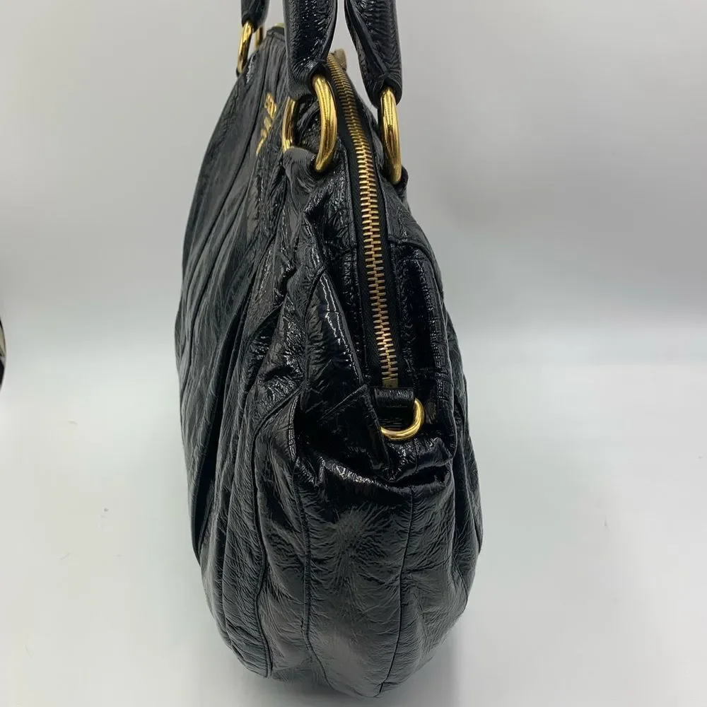 Auth Prada Black Patent Leather Whipstitch Tonal Stripe Satchel Lightweight